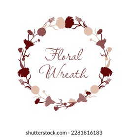 Isolated thin wreath with maroon flat silhouettes of garden calendula. The wreath is on a white background with text. Hand-drawn parts of the marigold, calendula, chamomile, and dog rose fruits.