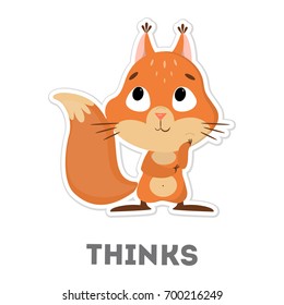 Isolated thinking squirrel. Funny cartoon animal on white background.