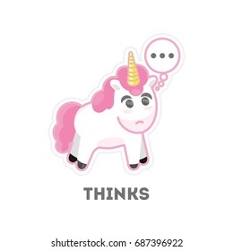 Isolated thinking unicorn on white background. Funny cartoon character.