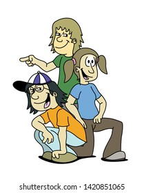 Isolated three friends, two boys and one girl, smiling kids. One of them crouched down. Vector cartoon style.