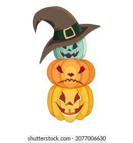 Isolated three Jack O'Lanterns in Cartoon style, vector carved pumpkins in witch hat on white isolated background for prints, patterns, booklets, stickers, icons for social media, apps, websites.