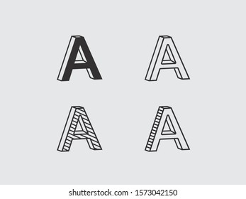 isolated three-dimensional contour logos in the form of the letter A, with fill, without fill, with hatching. Stylish and modern branding