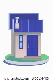 Isolated tiny house with blue roof and door.