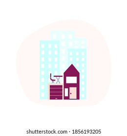 Isolated tiny house with a garage and a terrace.