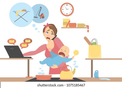 Isolated tired multitasking mother with baby, business and house.