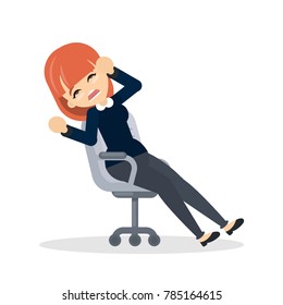 Isolated tired woman sitting in office chair on white.