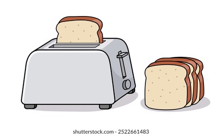 Isolated toaster illustration with breads beside in white background. Vector Illustration.