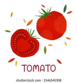 Isolated tomatoes: whole tomato and half sliced on a white background.Seasonal farm products.Healthy nutrition.Agricultural fair.Harvest season..Hand drawn vector illustration.