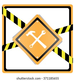 Isolated tool silhouettes on a construction sign on a white background