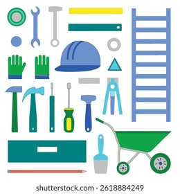 Isolated toolkit against white; includes hammer, gloves, ladder, hard hat, and wheelbarrow, rendering of construction elements and building tools.