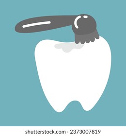 The isolated tooth is cleaned after the filling. Grinding, cleaning, leveling. Treatment in dentistry. Dentist appointment. Vector flat illustration on a blue background. Sealing, grinding, leveling