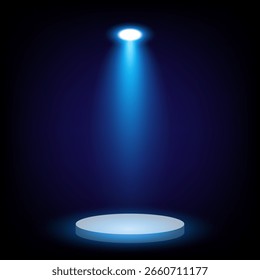Foco azul aislado de arriba hacia abajo y podio con sombra sobre fondo negro, perfecto para el escenario o el uso Clipart, Ilustración vectorial