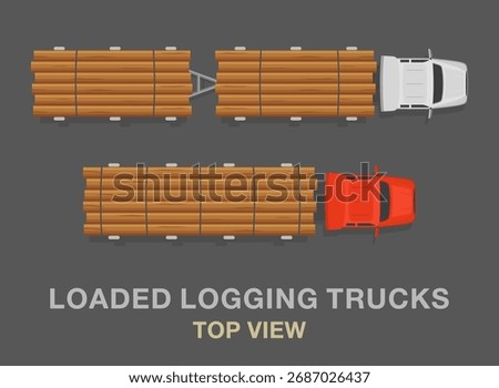  Isolated top view of a heavy vehicles. Types of loaded logging trucks and trailers. Flat vector illustration template.