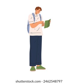 Isolated tourist or traveler with map. Vector man reading navigation book. Male with backpack for journey or travel. Explorer with bag. Outdoor hike or tour person activity. Character at vacation..