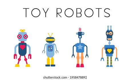 Isolated toy robots vector collection. Retro 1980s style cute robot character illustration set.