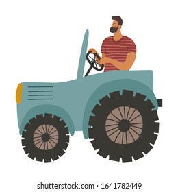 Isolated tractor and a man in it. Farmer cultivates the land. Vector flat cartoon illustration