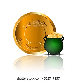Isolated traditional golden coin and a golden pot, Patrick's day vector illustration