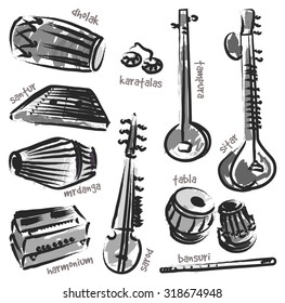 Isolated traditional indian instruments. Vector set for music billboard