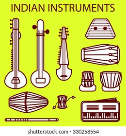 Isolated traditional indian instruments. Vector set for design