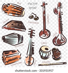 Isolated Traditional Indian Instruments. Vector Set For Music Billboard