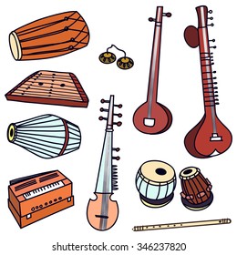 Isolated traditional indian instruments. Vector set for music billboard