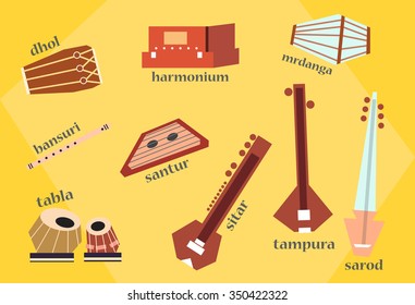 Isolated traditional indian instruments. Vector set for music billboard