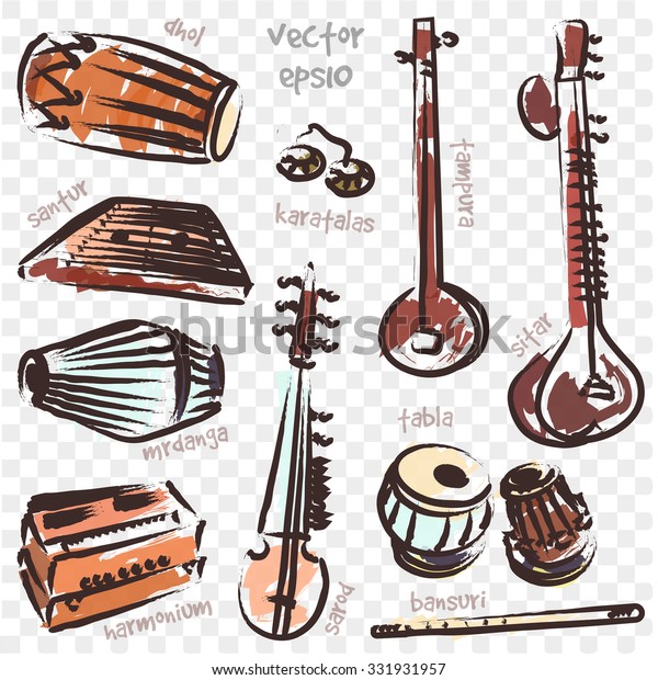 Isolated traditional indian instruments. Vector\
set for music\
billboard