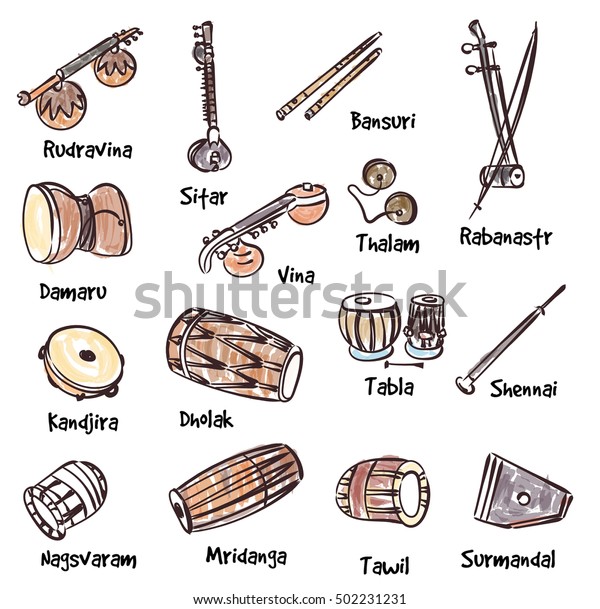 Isolated Traditional Indian Instruments Vector Contour Stock Vector ...