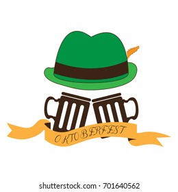 Isolated traditional oktoberfest hat with a pair of mugs, Vector illustration