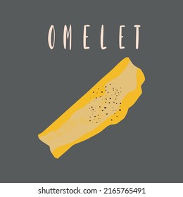 Isolated traditionally cooked omelet on a black background with the word "omelet" written on it. Vector illustration.