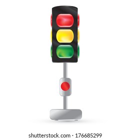Isolated traffic light painted on a white background. Traffic lights on a steel leg. Red button. Red, yellow, green light