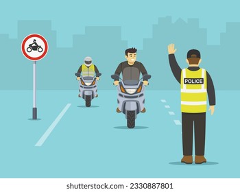 Isolated traffic police officer makes a stop gesture with his hand and pulls over motorcycle riders. No motorcycle sign area. Flat vector illustration template.