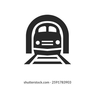 Isolated train and tunnel. Simple graphic icon of a train entering a tunnel, shown in silhouette against a white background.
