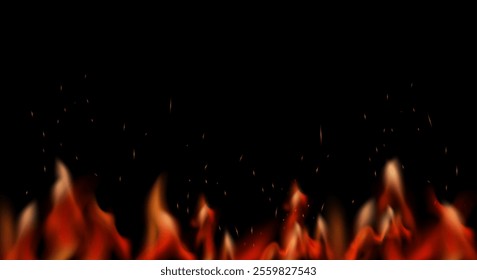 Isolated Translucent Fire Flames flames effect and Sparks effect on black background. Fire Realistic Light Burning fires smoke flying in the air. Burning glowing particles. Sparks are realistic.