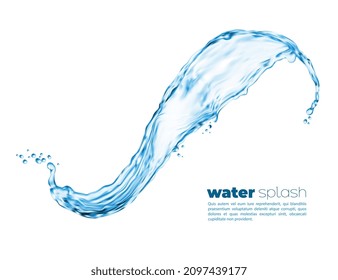 Remolque de agua transparente aislada con gotas. 3 d salpicadura vectorial de líquido azul sobre fondo blanco, agua transparente o agua de bebida salpicadura abstracta con ripias realistas y caídas