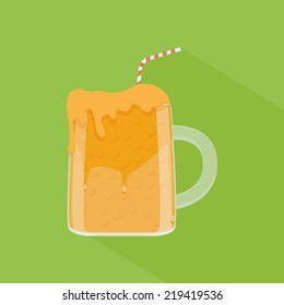 an isolated transparent mug with an orange drink on a green background