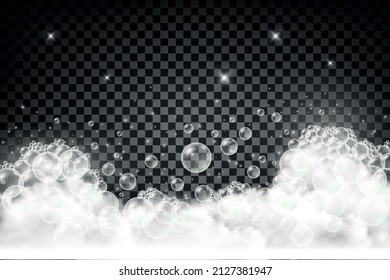 Isolated transparent soap foam. Realistic airy bath foam with shampoo bubbles on a transparent background. Vector illustration.