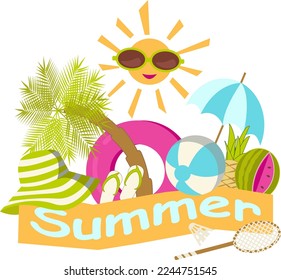 Isolated transparent summer compositions with beach accessories and sun drawn in a cartoon flat style