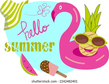 Isolated transparent summer patch with beach accessories pink flamingo, pineapple, watermelon, beach hat, ice cream and Hello summer typography