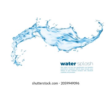 Isolated Transparent Water Splash Swirl With Pouring Wave, Vector Realistic Background. Water Pour With Splashing Drops, Liquid Blue Clear Aqua With Water Droplets Of Clean Drink And Flowing Spill