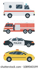 Isolated transport icons. Police car, ambulance, firetruck, taxi. Flat design. Vector illustration