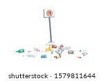 Isolated trash on the ground with no littering sign. Dirty forbidden pollution. Plastic garbage disposed improperly throwing away on the ground. Fallen rubbish on white background.