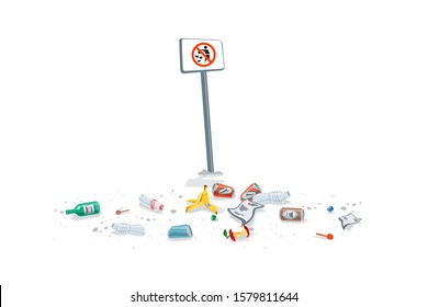 Isolated trash on the ground with no littering sign. Dirty forbidden pollution. Plastic garbage disposed improperly throwing away on the ground. Fallen rubbish on white background.