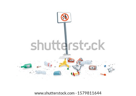 Isolated trash on the ground with no littering sign. Dirty forbidden pollution. Plastic garbage disposed improperly throwing away on the ground. Fallen rubbish on white background.