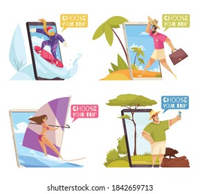 Isolated travel booking composition set isolated icons with choose your trips descriptions vector illustration