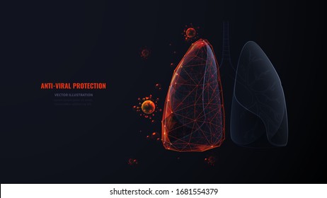 Isolated treatment and prevention of human lung diseases on black. Protecting the body from viruses and inflammation. Low poly wireframe digital vector illustration. Medicine innovation concept.