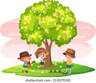 Isolated tree with flowers and children cartoon character  illustration