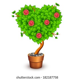 Isolated tree with flowers in clay pot. Form of heart