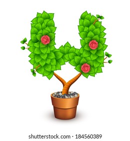 Isolated tree with flowers in clay pot. In the form of letter W