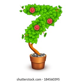 Isolated tree with flowers in clay pot. In the form of number 7